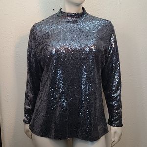 NWT black sequin mock neck long sleeve top 16W